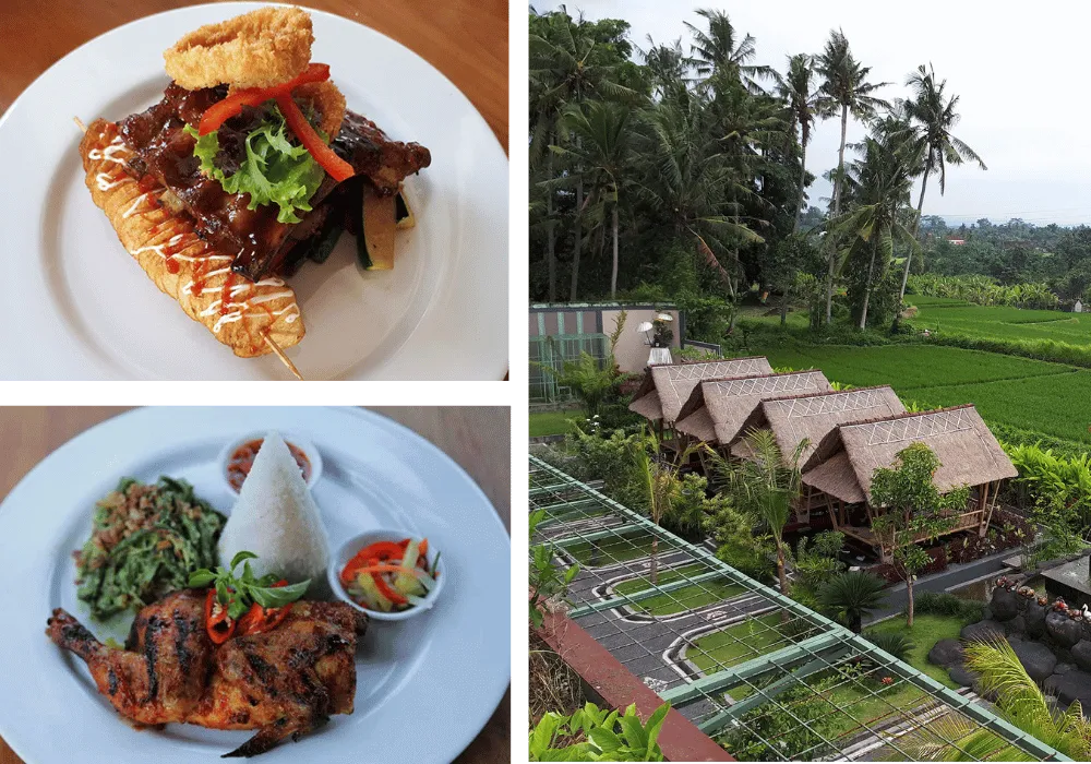 Bebek Umasari plated dish with rice and sambal
